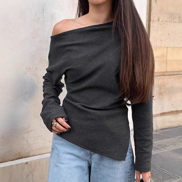 Spice Girl Off-Shoulder Knitted T-Shirt Women's 2025 Spring European and American Cross-border Fashion Black Pullover Bottom Shirt Temperament Women's Clothing