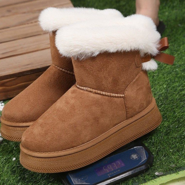 cross-border winter new arrivalfleece-linedthickenedplus size snow boots thick sole fur bow bowsheattech short boots for women