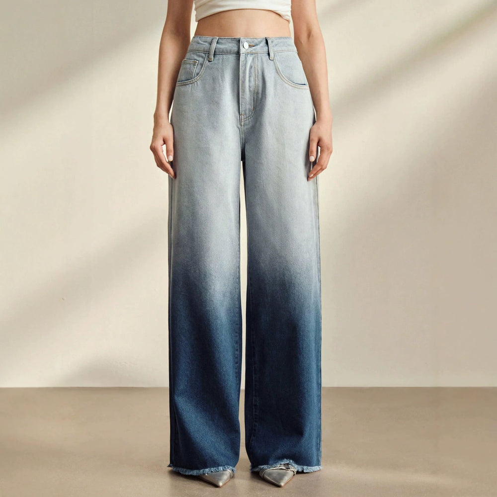European and american style women's gradient washed denim wide leg jeans - relaxed fit, straight leg, slimming effect