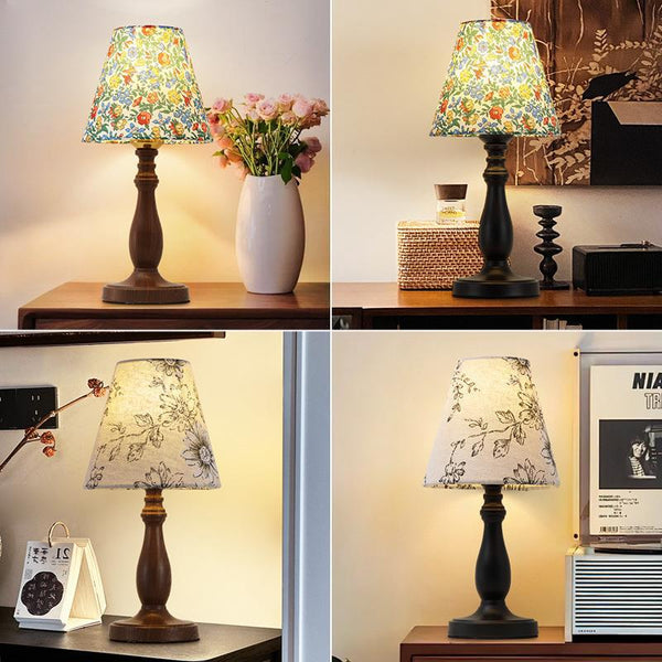 Medieval printed fabric desk lamp retro bedroom bedside high-end lamp Japanese-style wabi-sabi wind atmosphere solid wood ornament lamp