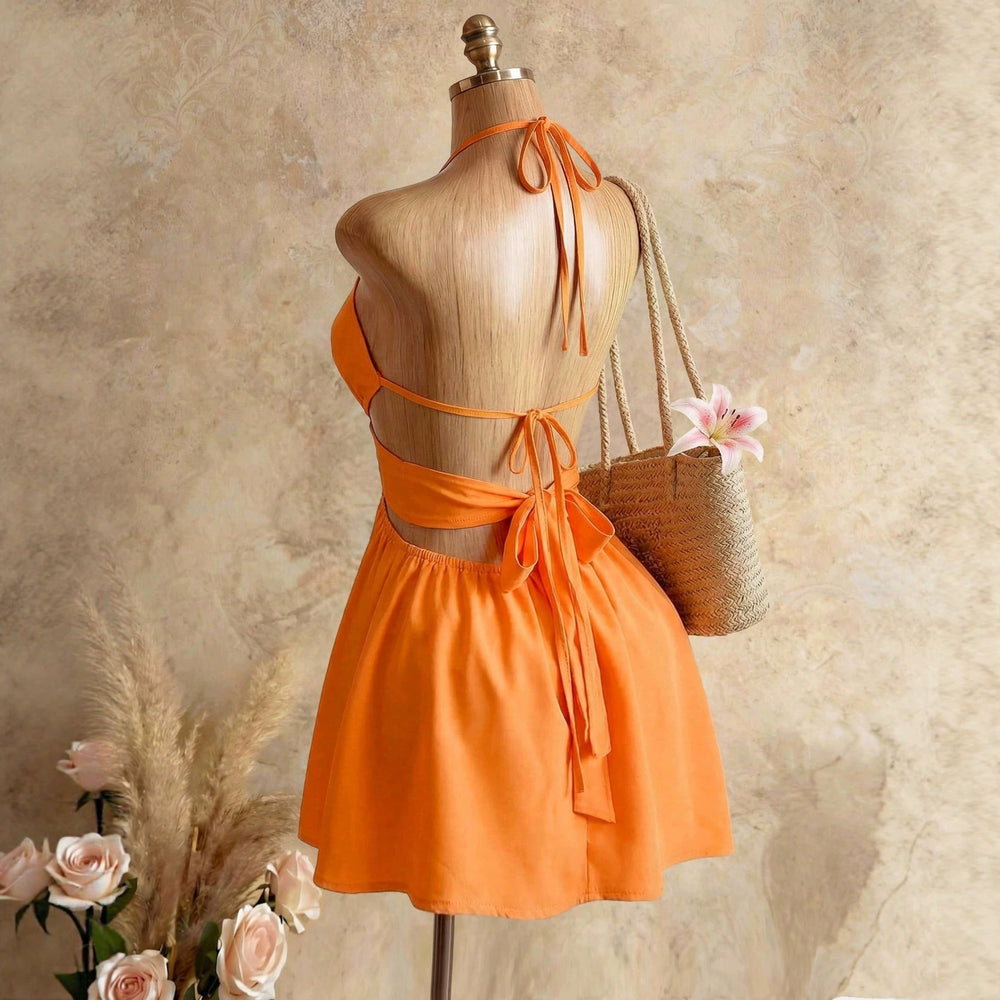 European and american style beach vacation dress - sexy backless halter sundress - solid color fashion
