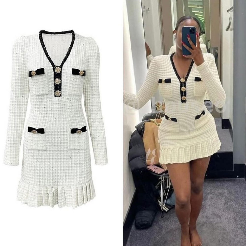 Exportnew arrivalfall and winternew arrivalwaffle gridscontrast color tweed stylev neckknittingdressruffles skirt