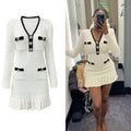 Exportnew arrivalfall and winternew arrivalwaffle gridscontrast color tweed stylev neckknittingdressruffles skirt