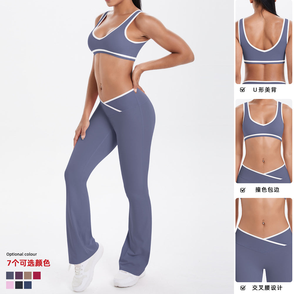 new color block spliced high-waisted flared leggings and top activewear set for women - perfect for outdoor running, fitness, and yoga