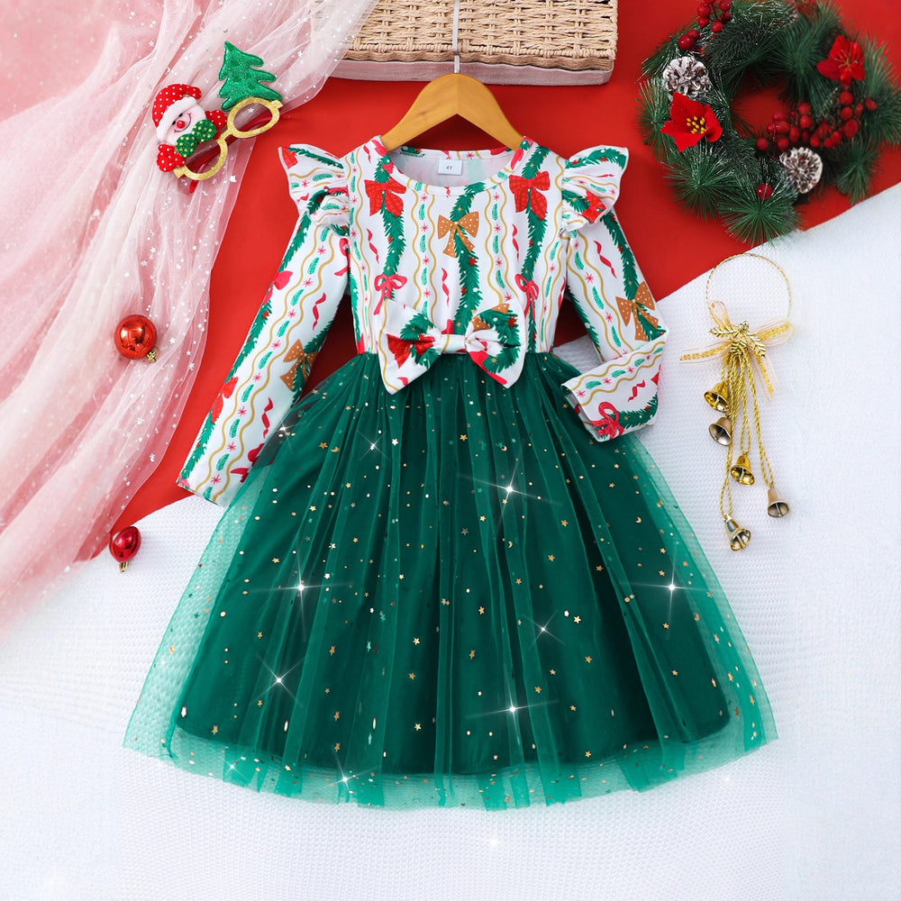 Kids' long-sleeve crewneck dress with fish scale mesh detail - christmas green