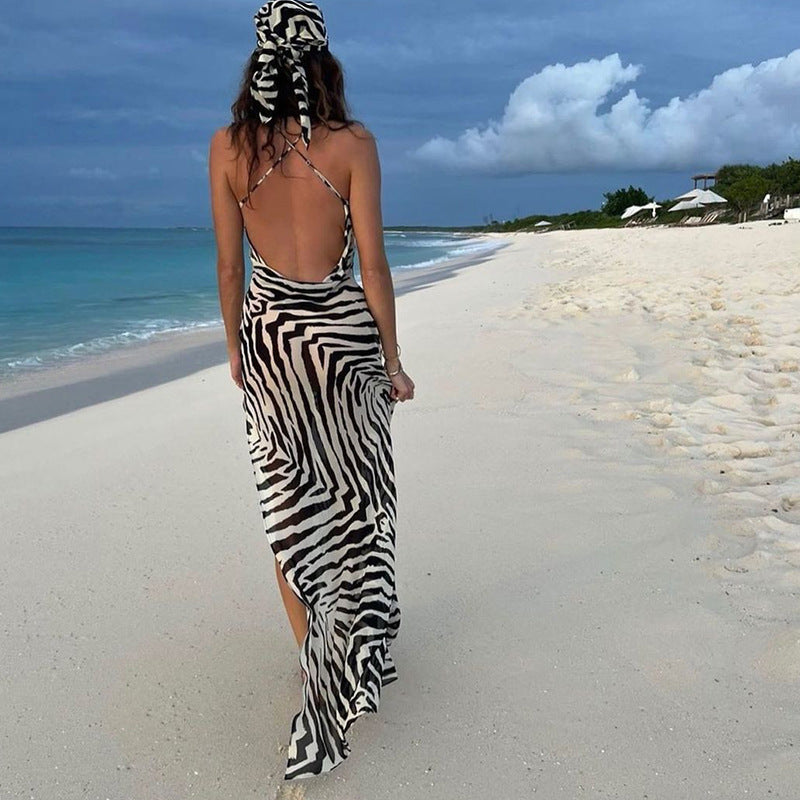 European and american cross-border  new women's fashion zebra print high slit tie-up see-through sexy vacation dress