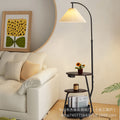Cream style with shelves, multi-layer solid wood side table, storage floor lamp, pleated lampshade next to the sofa, reading atmosphere lamp