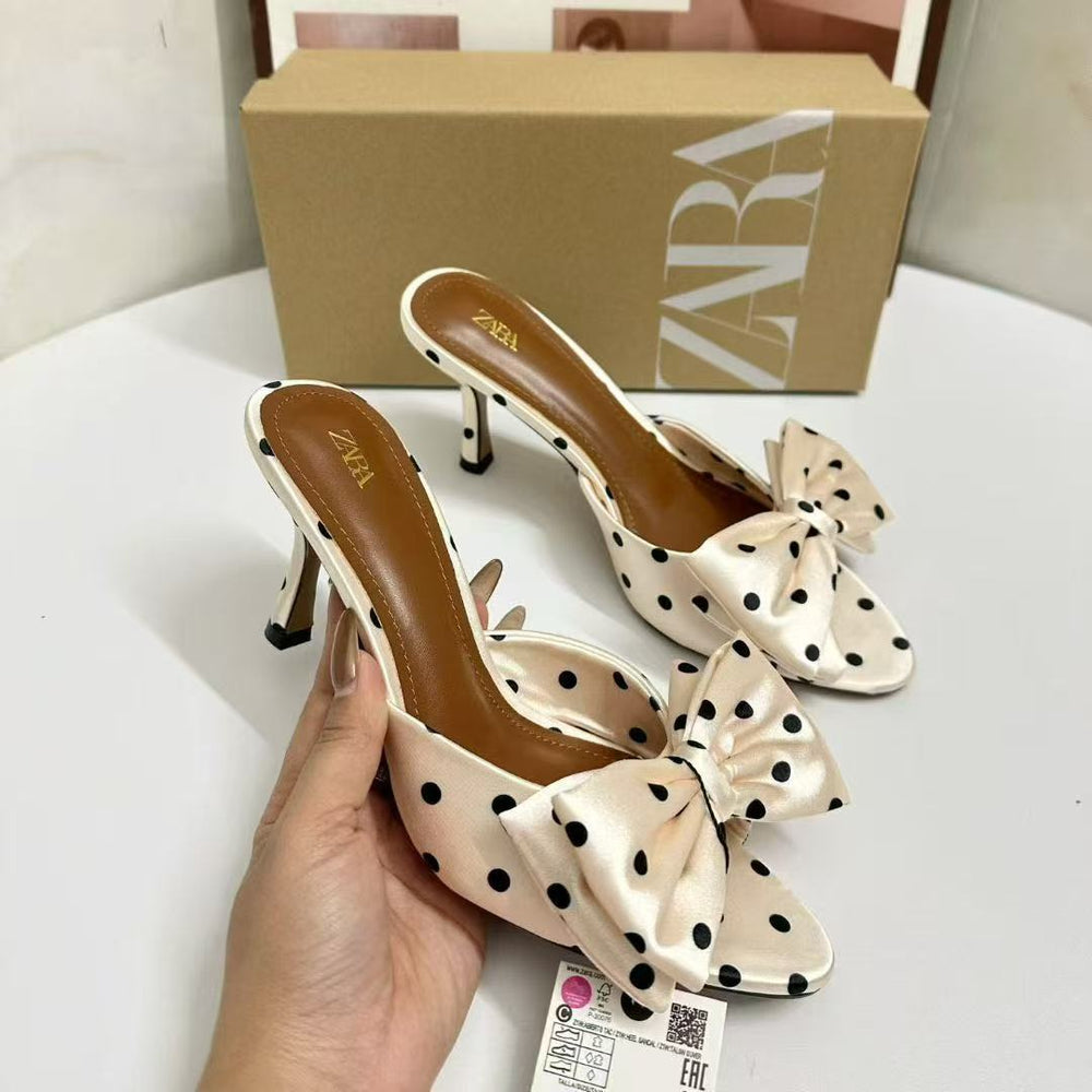 Za fashion casual vacation style women's sandals summer new black and white polka dot bow pointed toe metal chunky heel open toe slides