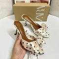 Za fashion casual vacation style women's sandals summer new black and white polka dot bow pointed toe metal chunky heel open toe slides