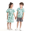 Korean style floral short-sleeve shirt set for kids - cotton casual outfit for boys and girls, matching family sets for siblings