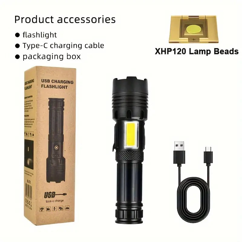 Cross-border explosive white laser with side light COB strong light flashlight zoom with output outdoor multi-function flashlight