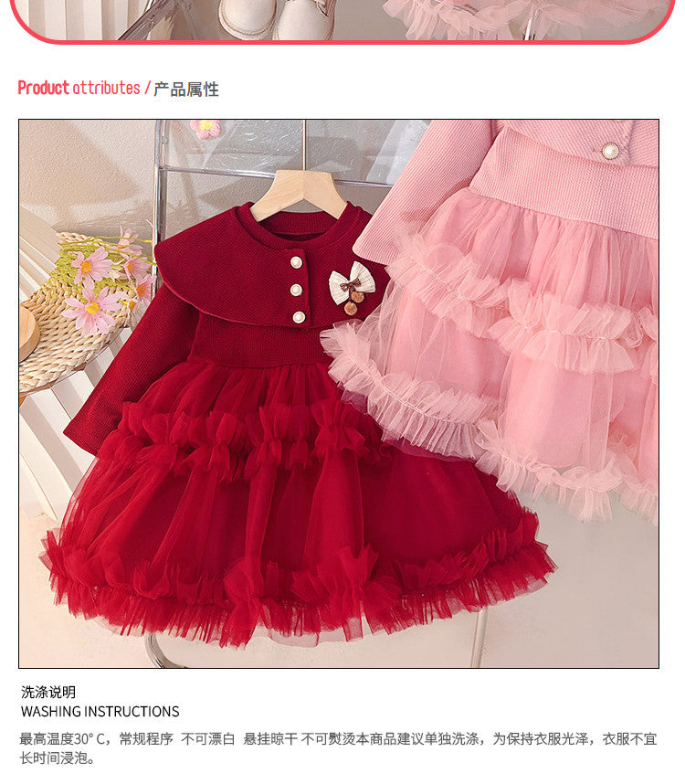 Trendy girls' dress - new spring/autumn collection - kids' baby girl shawl collar tulle princess dress - stylish & chic