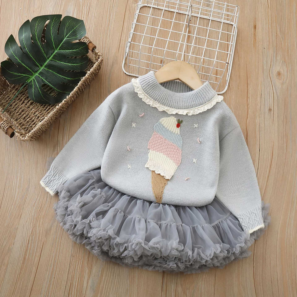 Girls' knit sweater set - new autumn/winter  collection: chic baby pullover with lace collar, long-sleeved base layer knitwear