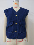 Fashion cross-border export  new arrivalv neck sleeveless single row duplex workwear patch pocket silm washed denim waistcoat