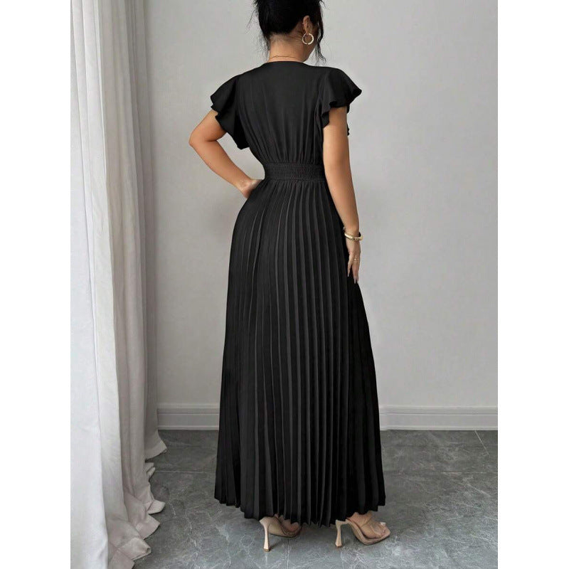 Amazon fashion  summer deep v neck ruffles sleeve pleated design waist elegantdress women