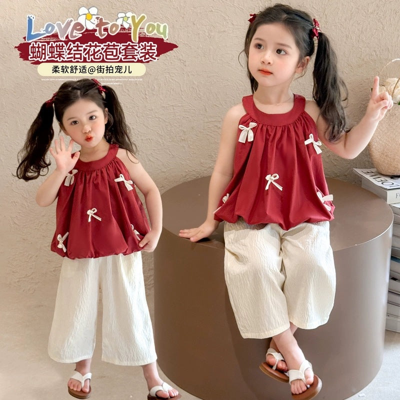 Girls' summer outfit  new style: trendy red halter top and korean style denim shorts two-piece set for little girls