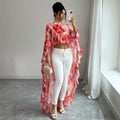 summer cross-border fashion: european & american style stand collar printed ruffle chiffon blouse - vacation-ready flowy cover-up