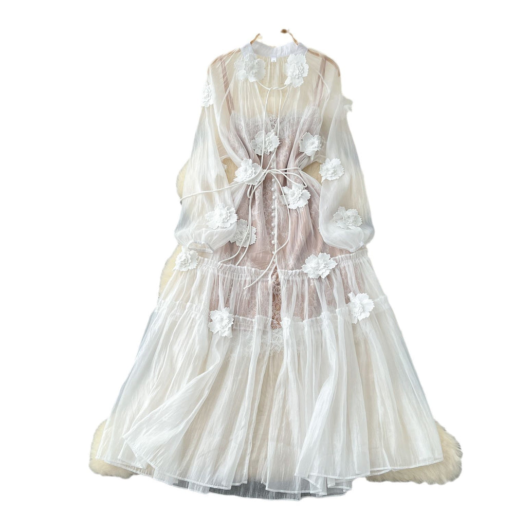 French fairy vacation dress women's  autumn 3d floral tie-up single-breasted mesh dress + slip dress