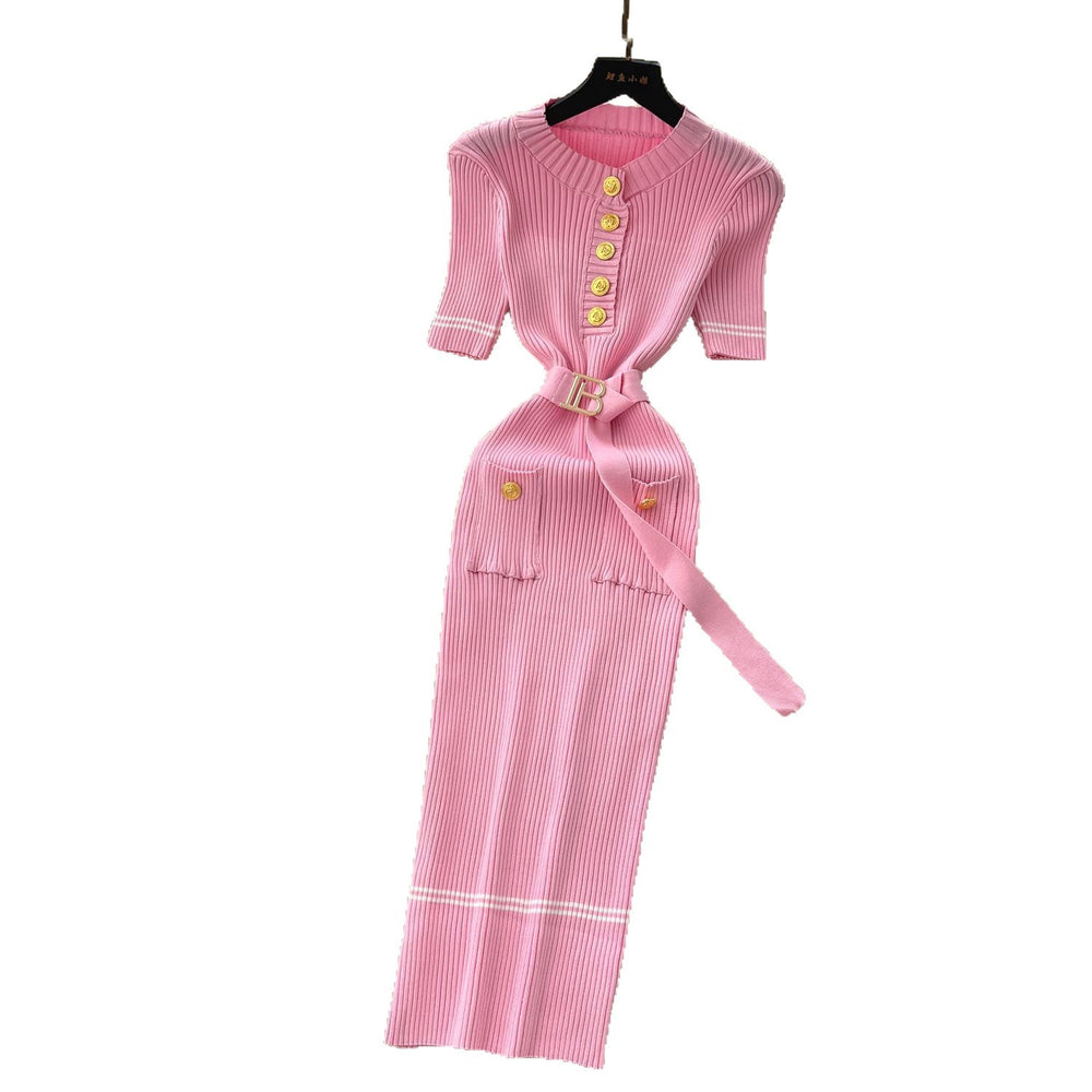 Xiaoxiangfengclassy fashionable metal buckle silm short-sleeved dress women's summer strap waist frenchknitting skirt