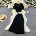 Vacation style bubble pleated square neck short-sleeved dress women's high waist pleated a-line skirt slimming lookeleganttwo-piece set