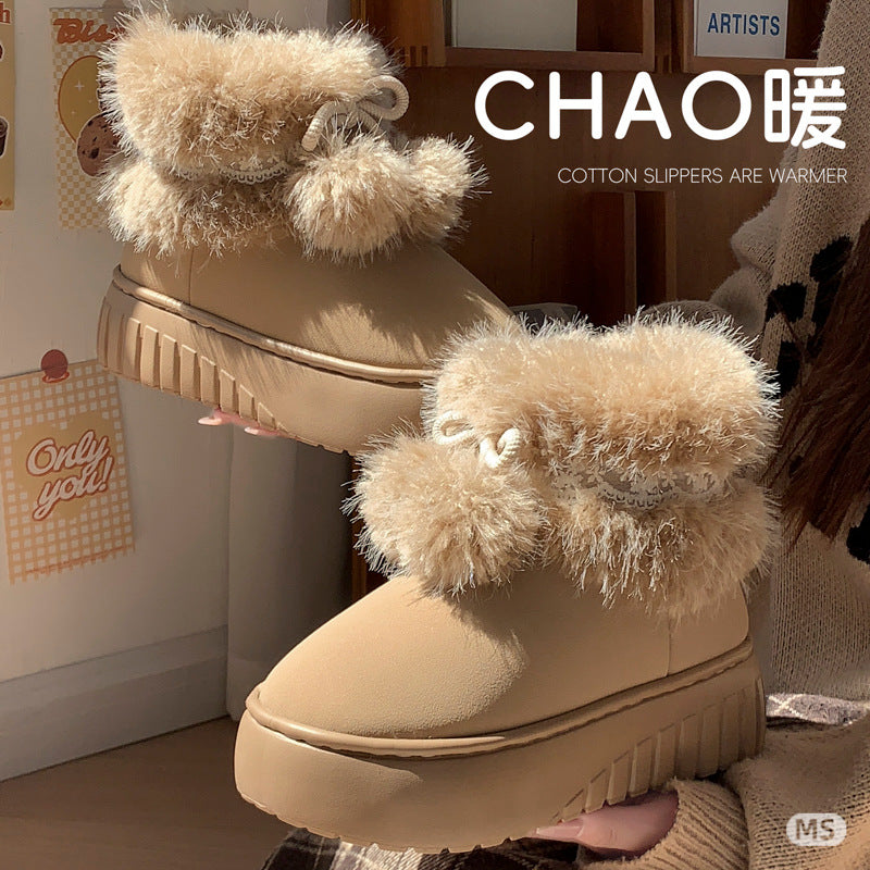 Fur ball snow boots for women winter2025new arrivalfleece-linedthickenedheattech fur thick sole short boots outwear northeast cotton shoes