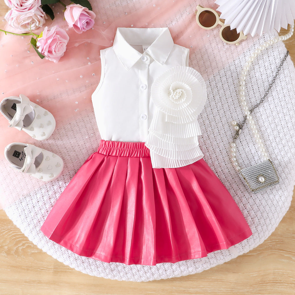 cross-border exclusive: new autumn collection - sleeveless blouse with floral accents + pu leather skirt set - hot seller!