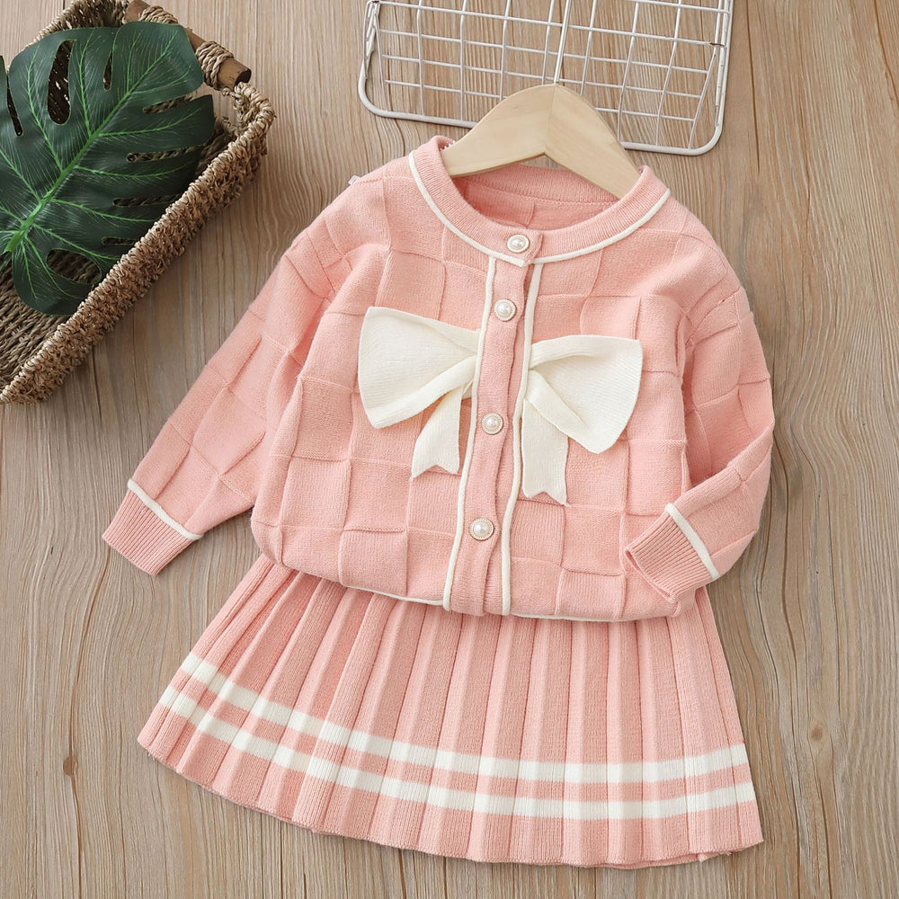 Girls' knitted sweater two-piece set -  autumn/winter new collection - dress set with bow detail - little girl's cardigan top set