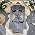 Xiaoxiangfengclassyfashionablecontrast color button design v neck waist slimming lookelegantlong sleevesknittingdress women