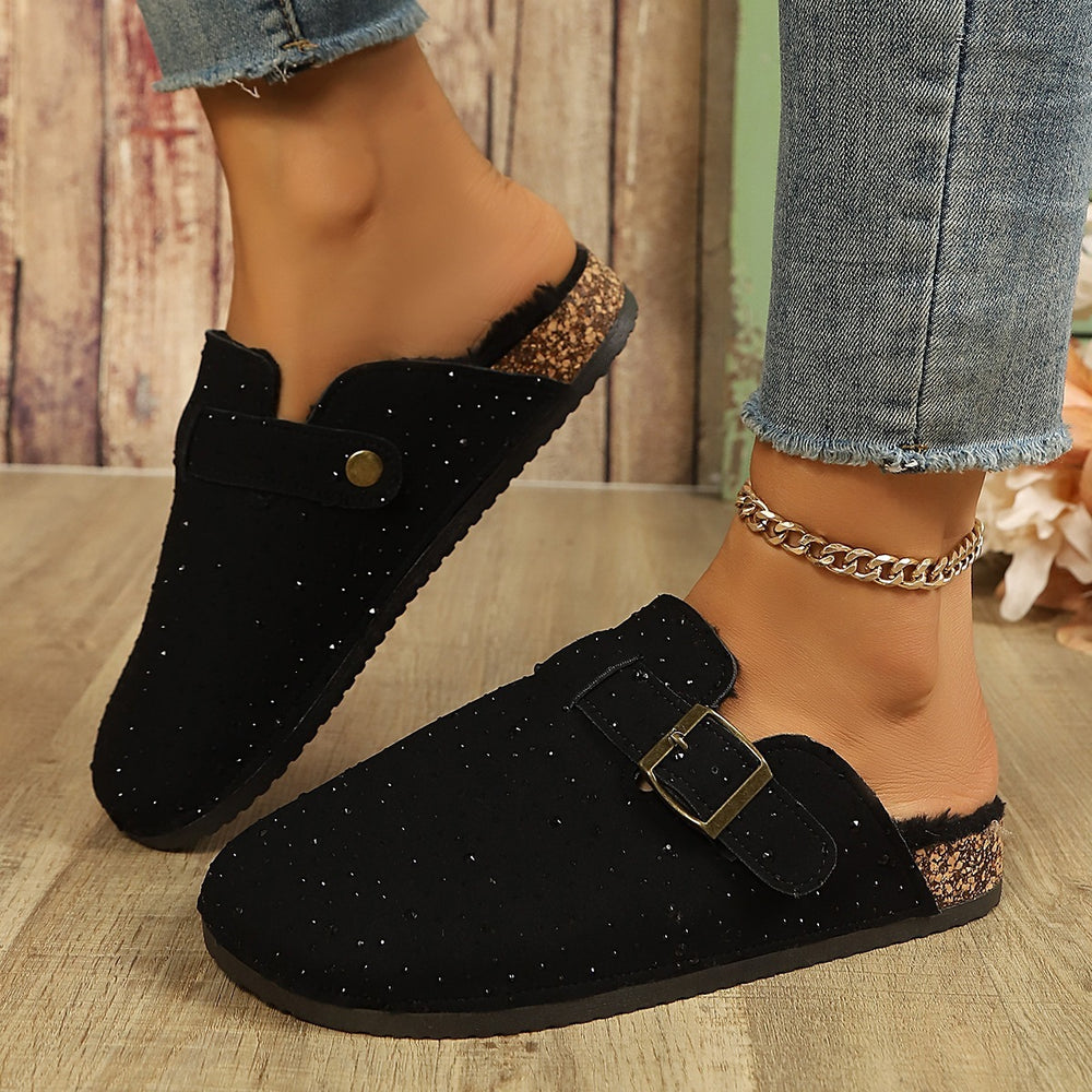 Fleece-linedthick sole baotou boken slippers autumnew arrivalheattech rhinestone cross-border plus sizeoutwear half slippers for women