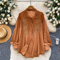 French-style heavy embroidery & rhinestone embellished versatile shirt - women's spring/summer long sleeve loose fit cardigan - commute-friendly all-match top
