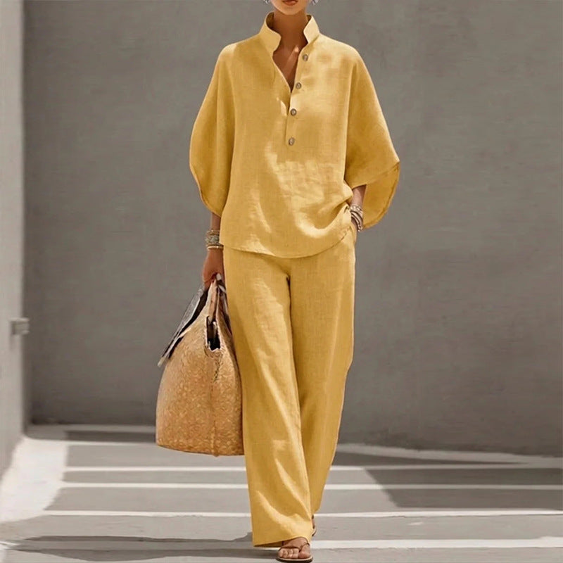summer new european and american cross-border women's clothing casual loose solid color cotton linen turn-down collar wide leg pants fashion set