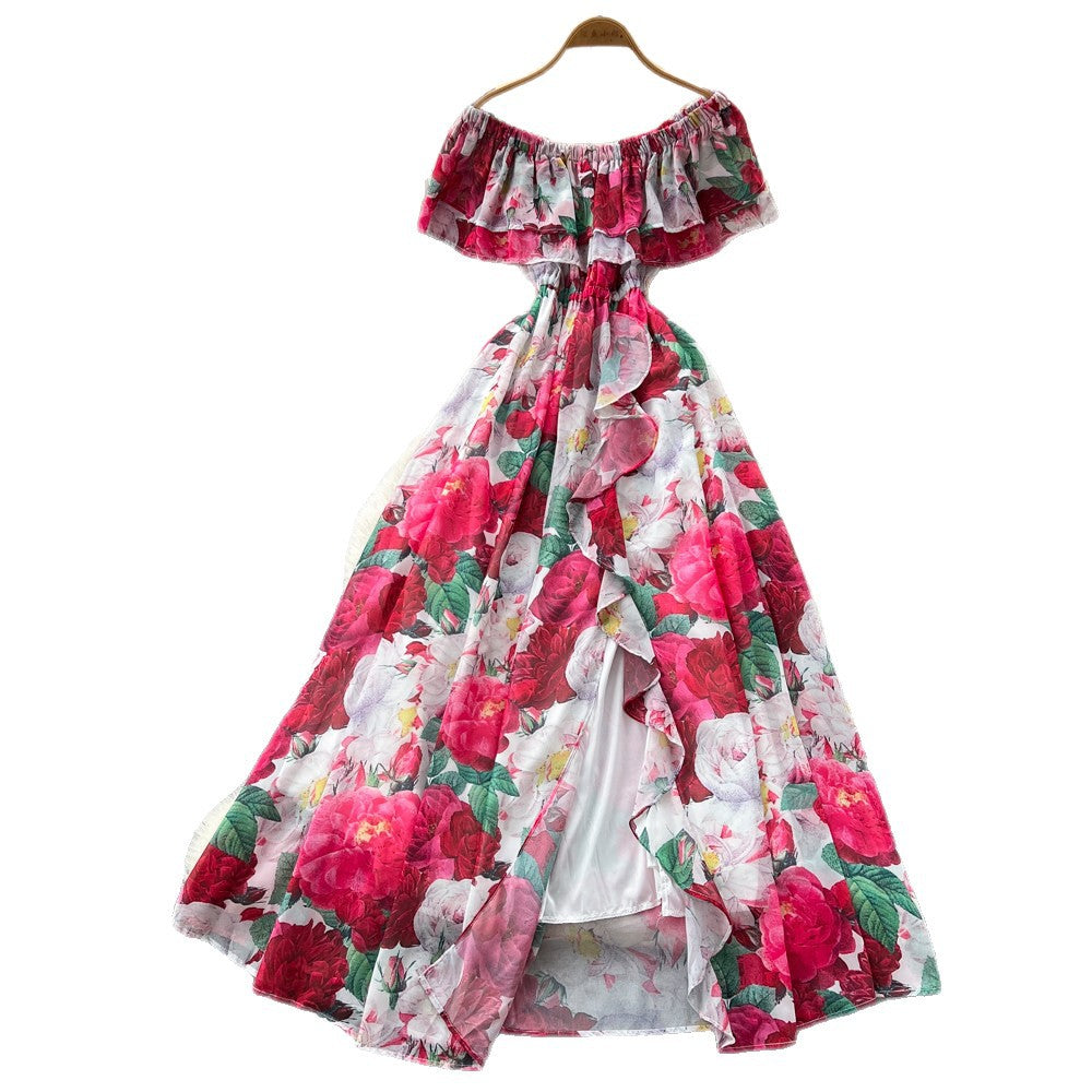 Pure desire style one shoulder ruffles floral dress women's summer sleeveless waist slimming lookelegant vacation style long dress