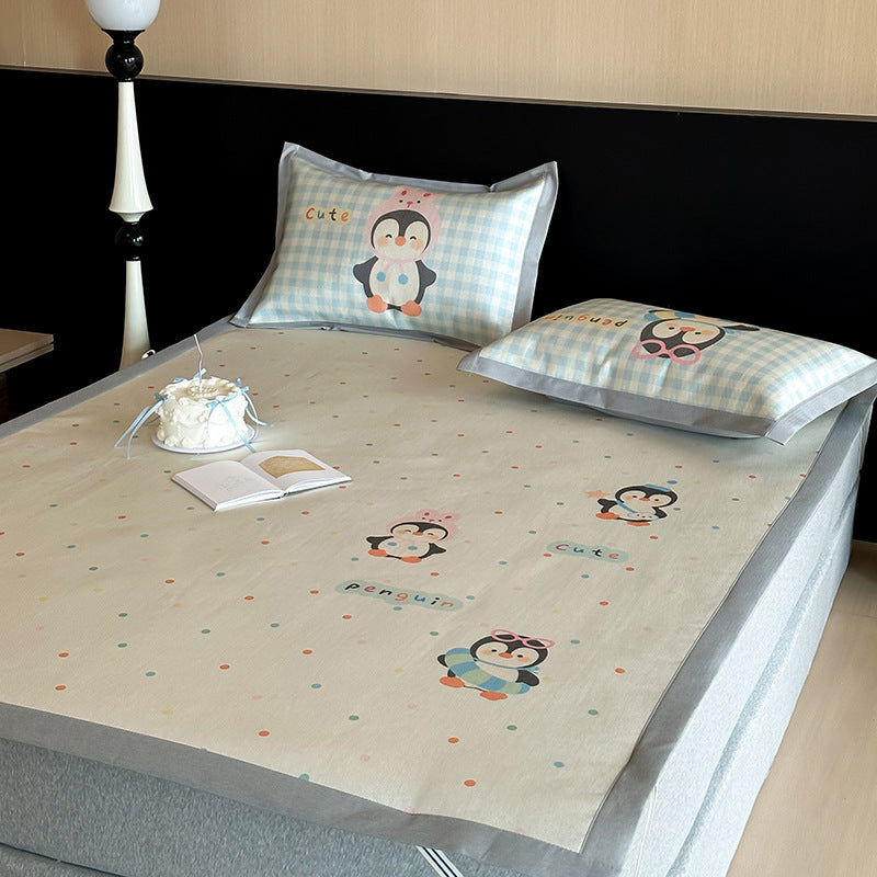 Summer cartoon ice silk mat three-piece set cute mix and match cool silk ice summer soft mat 1.5m 1.8m