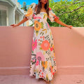 cross-border e-commerce european and american women's clothing: new summer collection - off-the-shoulder printed bubble sleeve maxi dress
