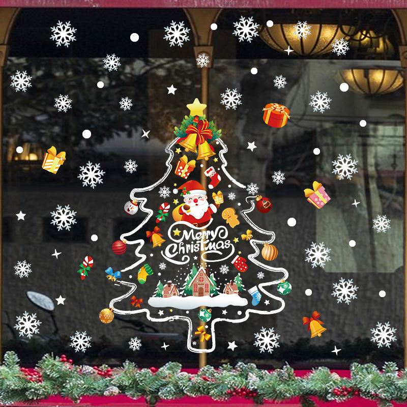 Christmas decoration glass door hand-painted Christmas tree sticker shop window scene arrangement snowflake glue-free static sticker