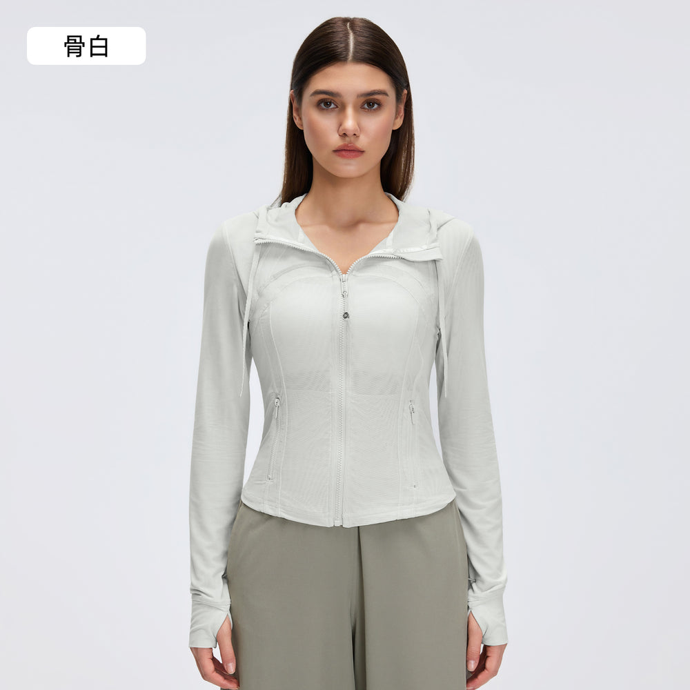 Breathable mesh hooded yoga jacket - women's slim fit, barely-there feel, zip-up running & workout jacket d26056