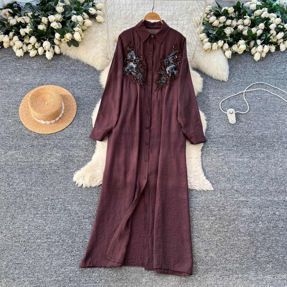 French retro 3d floral embroidered red a-line dress - women's autumn korean style long sleeve slimming elegant maxi dress