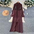 French retro 3d floral embroidered red a-line dress - women's autumn korean style long sleeve slimming elegant maxi dress