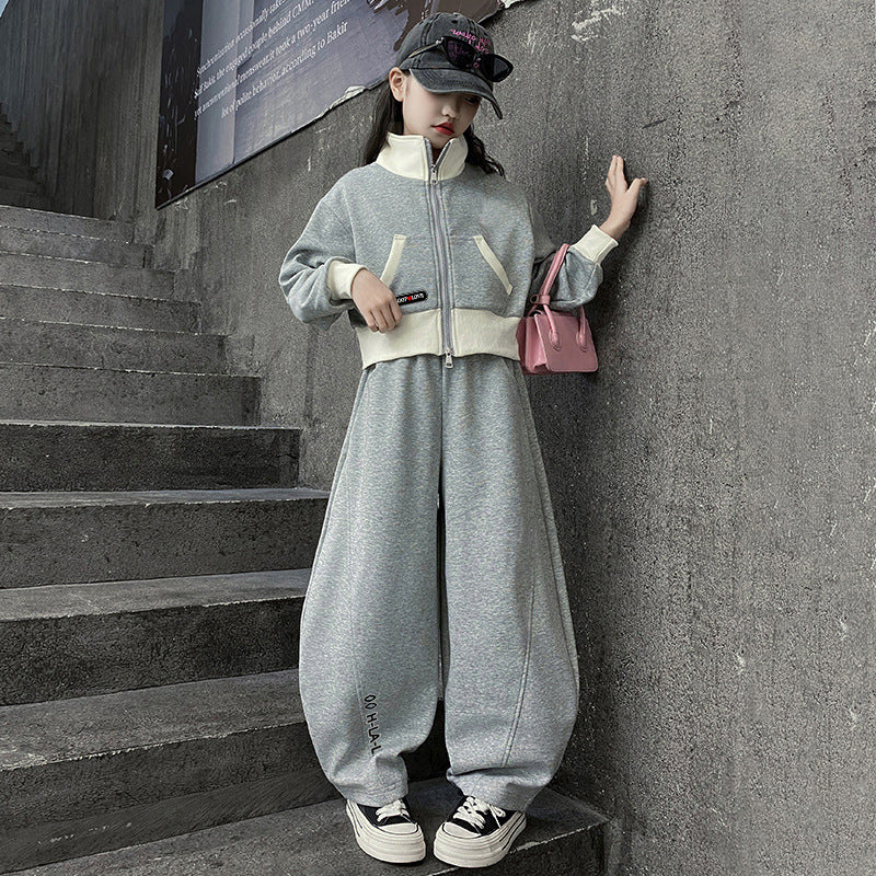 autumnew arrivalgirlsuitautum clothingchildrenk-style stand collar spring & falloutwearloose pantssuit