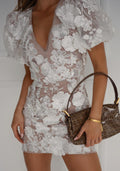 European and american cross-border  ins new arrival v-neck 3d floral bodycon lantern sleeve dress sexy embroidered evening gown