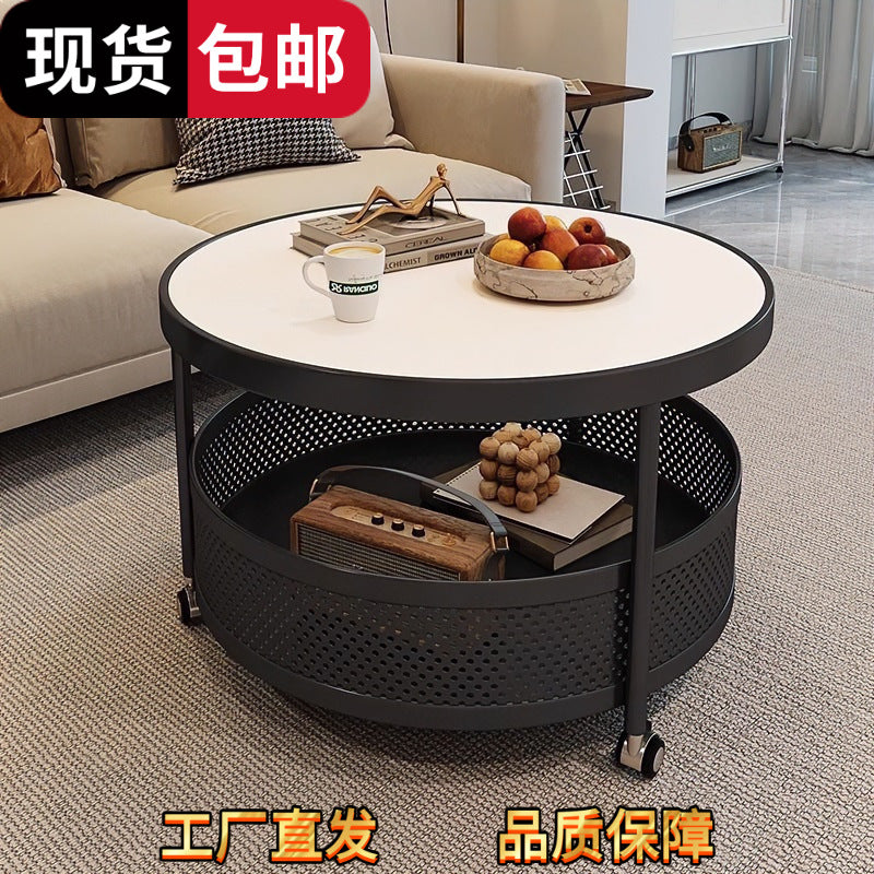 Cream style double-layer coffee table slate coffee table accessible luxury living room small apartment for home wheeled movable round table coffee table