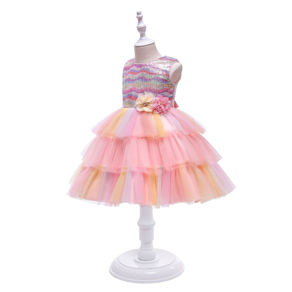 children's clothing: rainbow tulle cake skirt, kids' formal dress, princess dress, girls' dress, piano recital costume