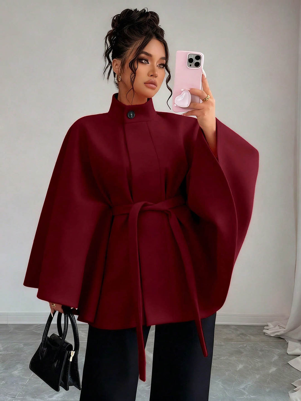 fashion stand collar waist plus sizeshortwoolen cape outwear wide sleeves tie backslimming look