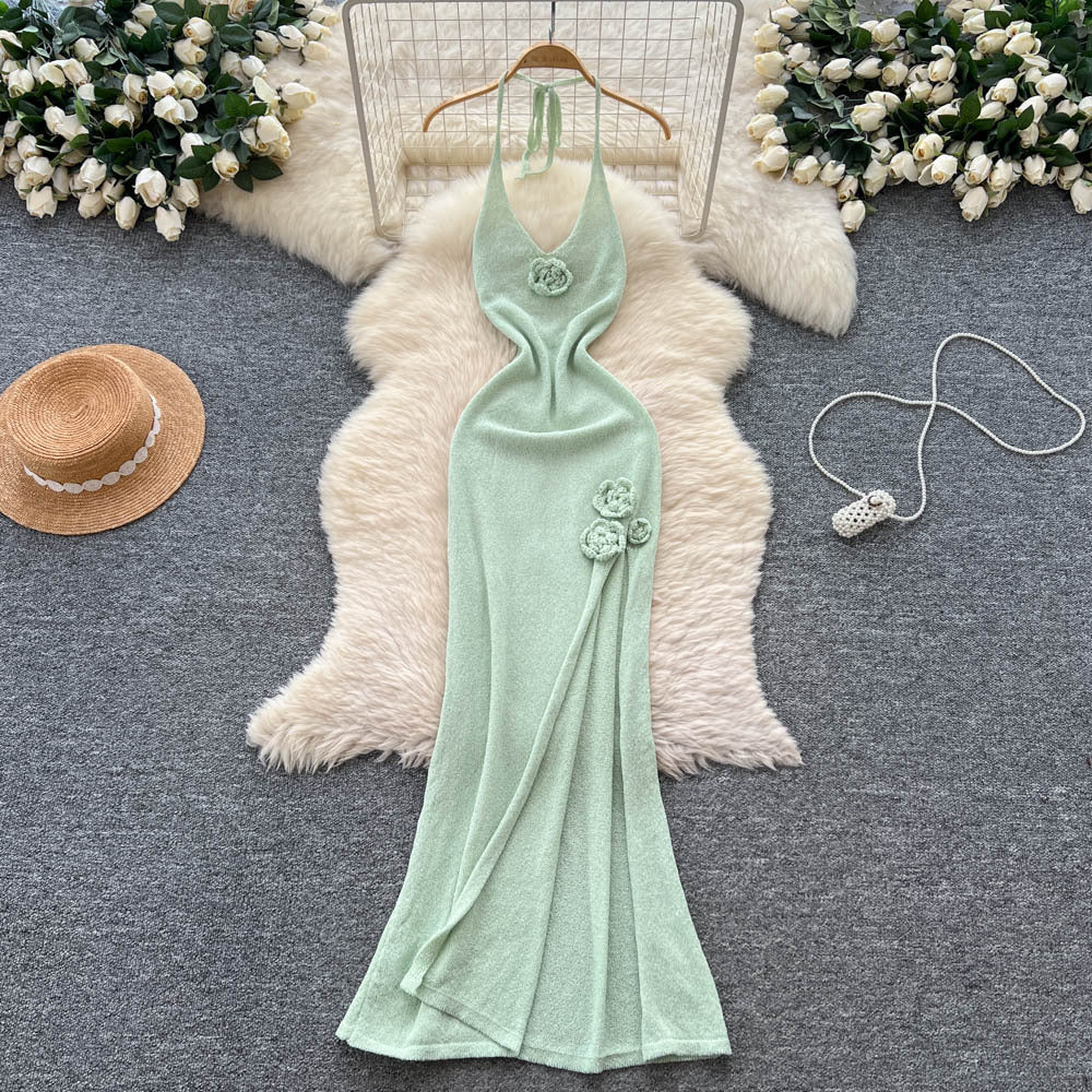 Fashionins pure lust hot girl halter suspender flower knittingdress female sense of design slit waist long skirt