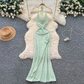 Fashionins pure lust hot girl halter suspender flower knittingdress female sense of design slit waist long skirt