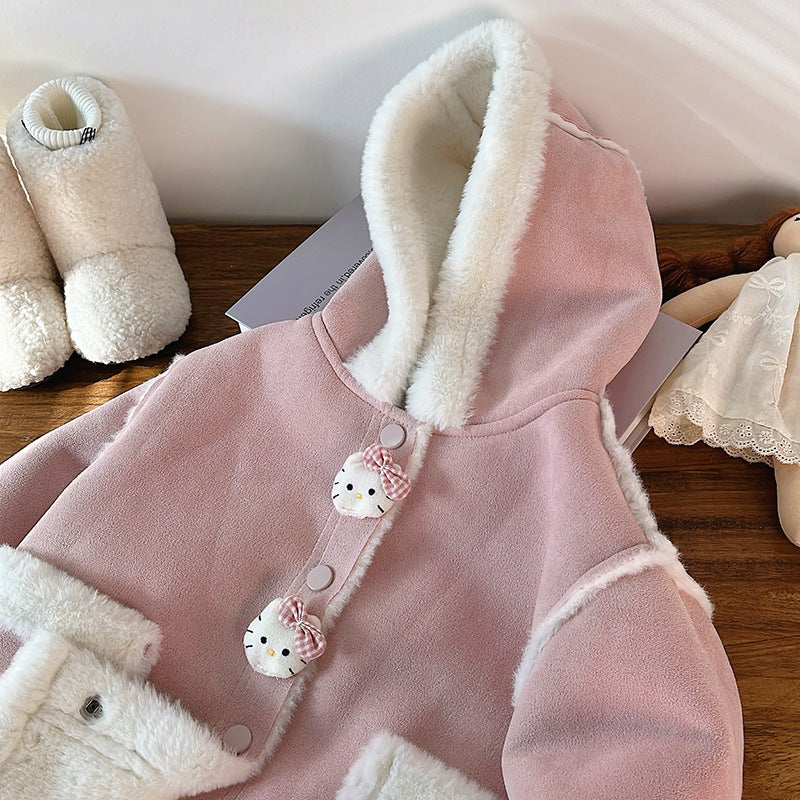 Girls' fall/winter new collection: fleece-lined, thickened hooded jacket - warm outerwear for baby girls, casual kids' clothing, children's apparel