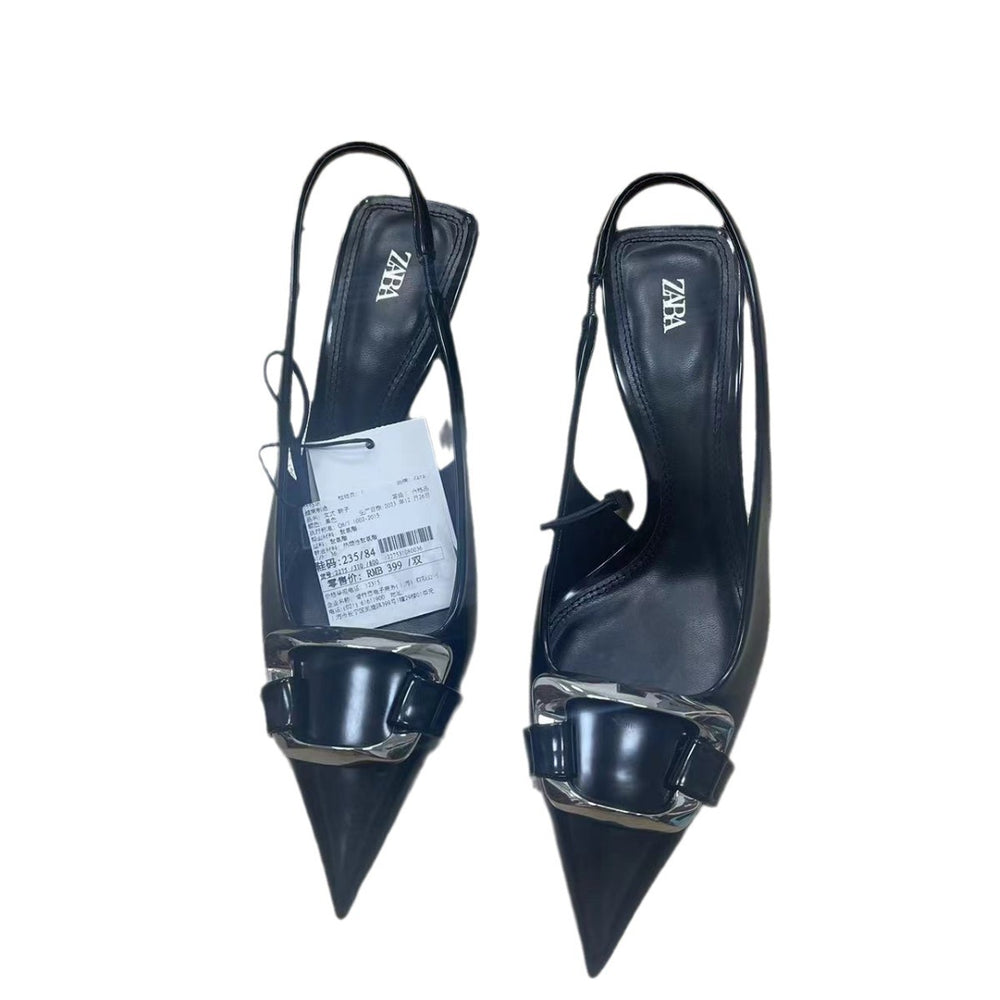 Za2024 summer new square buckle decorated stiletto sandals - black pointed toe back strap casual everyday sandals