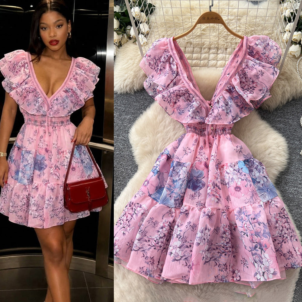 K-style floral sleeveless waistless dress women's summerrufflesv neckhigh waist a-line skirt work clothing pink skirt