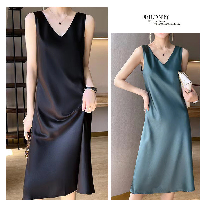New sleeveless dress women's  new satin long over-the-knee summer inner wear plus size solid color suspender skirt