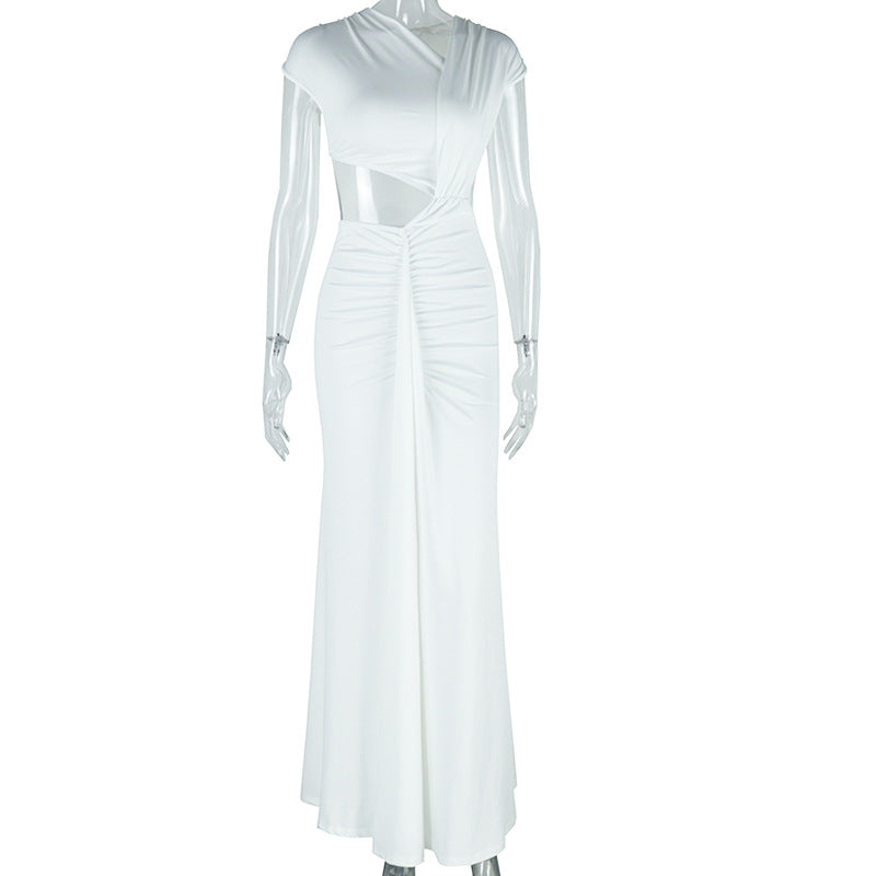European and american style ins foreign trade women's fashion solid color dress - asymmetrical neck sleeveless ribbon fish tail elegant dress